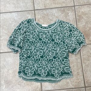 Milly Green Short Sleeve Floral Lace-Overlay Top